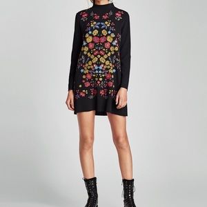 Zara Floral Rubberized Embroidery Black Mini Dress size L